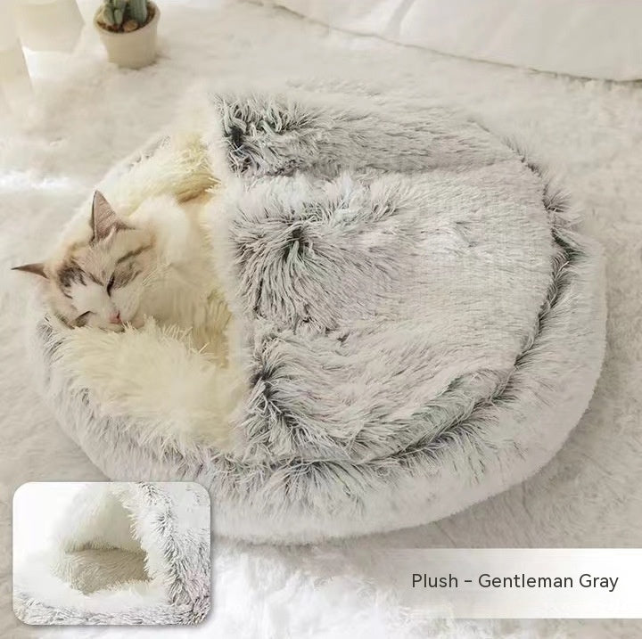Pet Bed 2 In 1 Round Plush Warm Soft Sleeping House