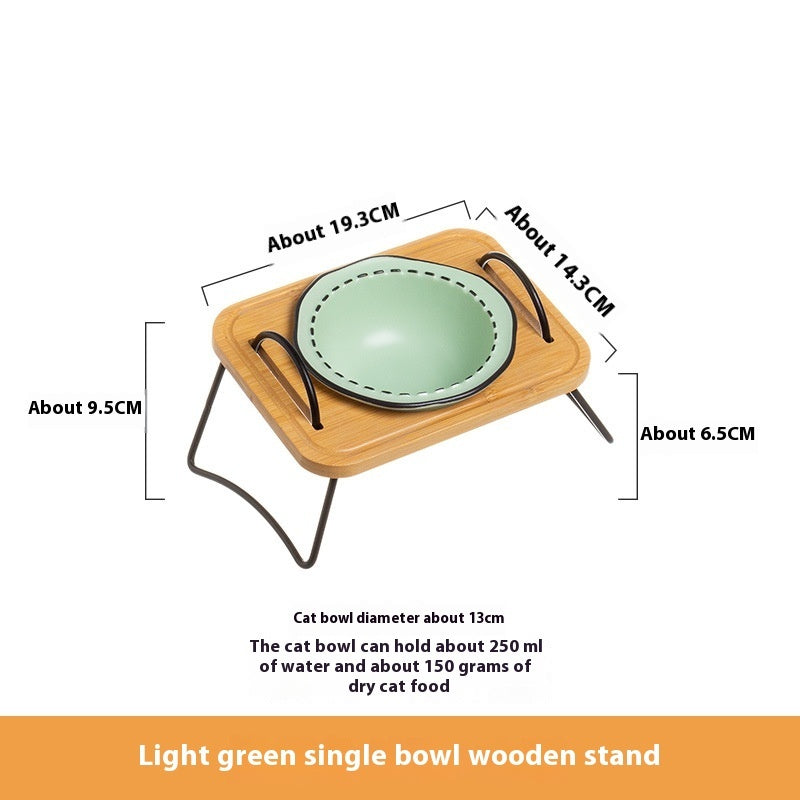 Pet Wooden Rack Ceramic Feeding Bowl Set Anti Tumble Oblique Design