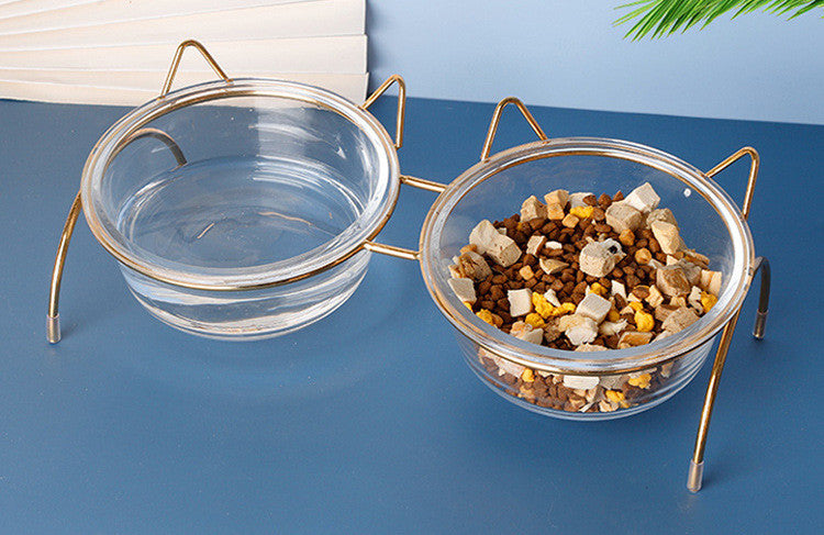 Pet Glass Feeding Bowl With Metal Stand For Food And Water