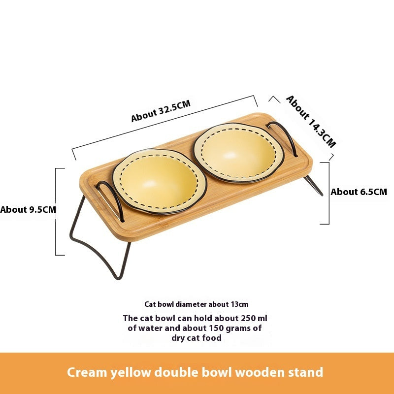 Pet Wooden Rack Ceramic Feeding Bowl Set Anti Tumble Oblique Design
