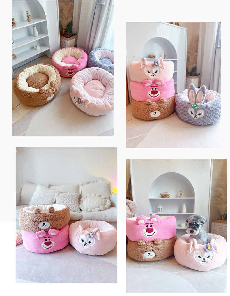 Pet Bed Cartoon Plush Round Cushion All Season Nest Bed