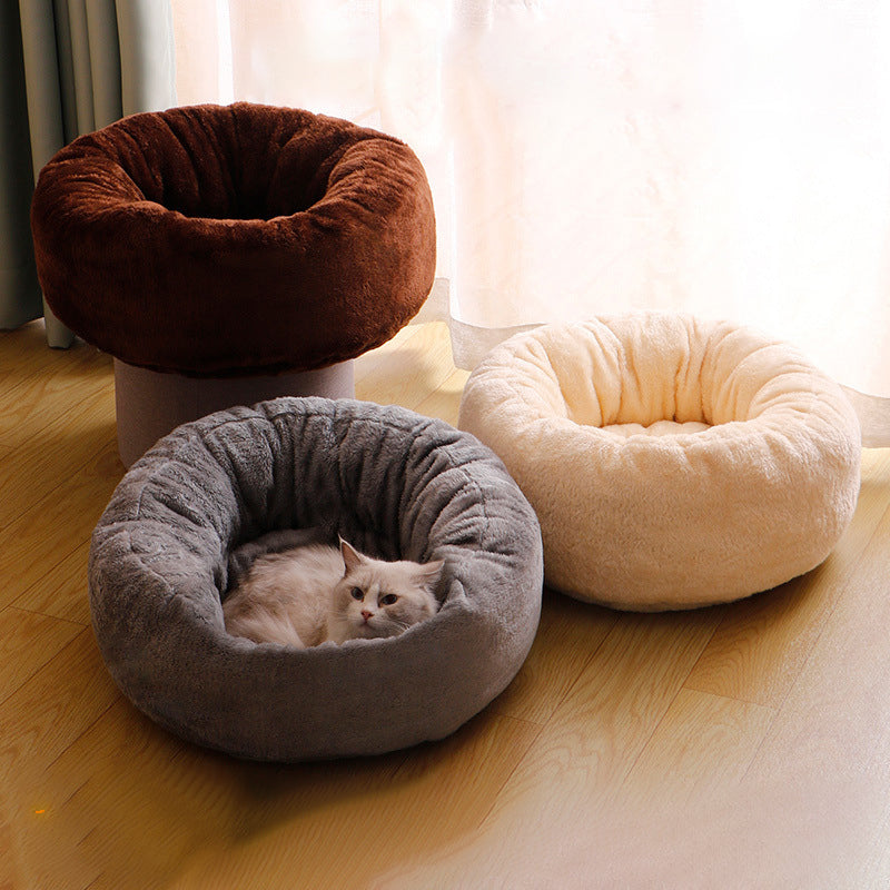 Pet Bed Donut Round Plush Fluffy Warm Cushion Mat