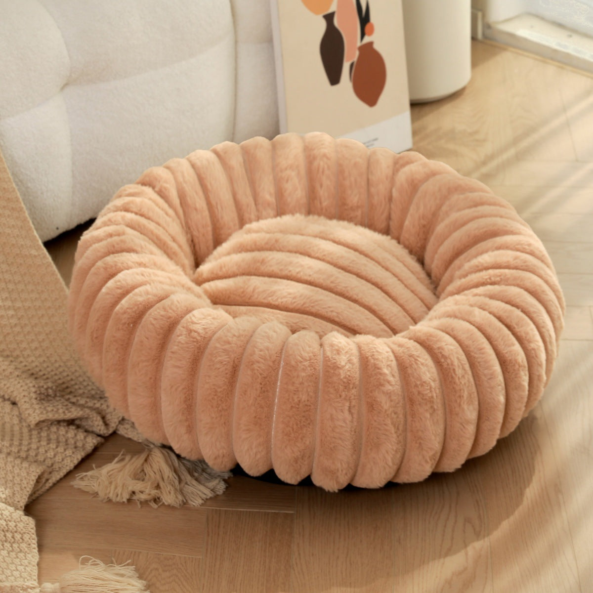 Pet Bed Round Plush Warm Long Hair Nest Winter Kennel
