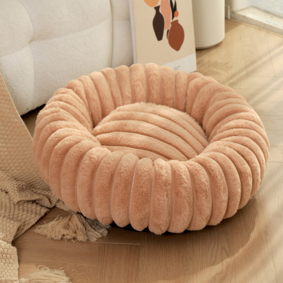 Pet Bed Round Plush Warm Long Hair Nest Winter Kennel