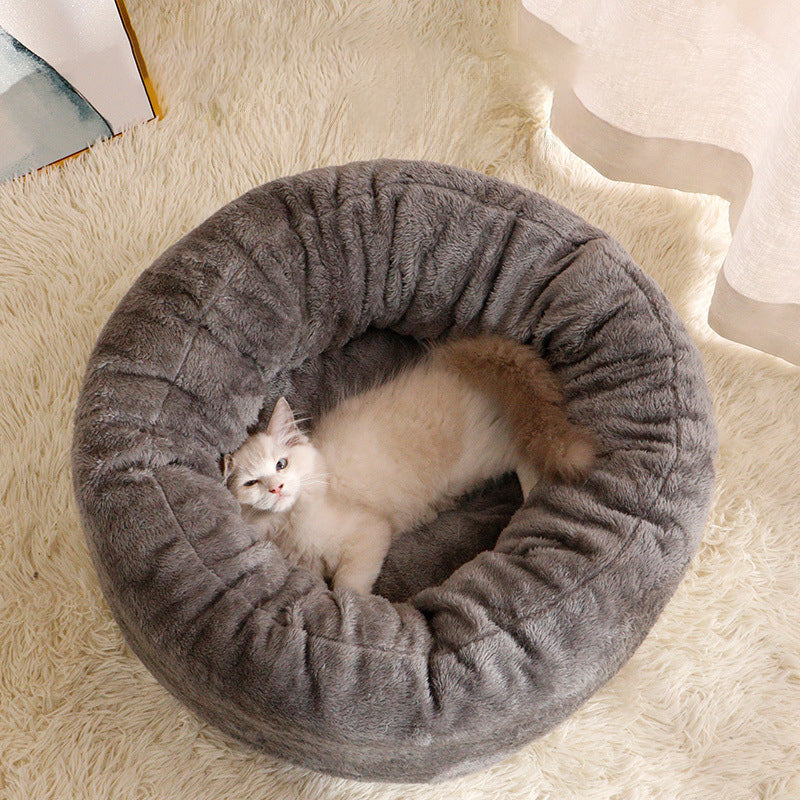 Pet Bed Donut Round Plush Fluffy Warm Cushion Mat