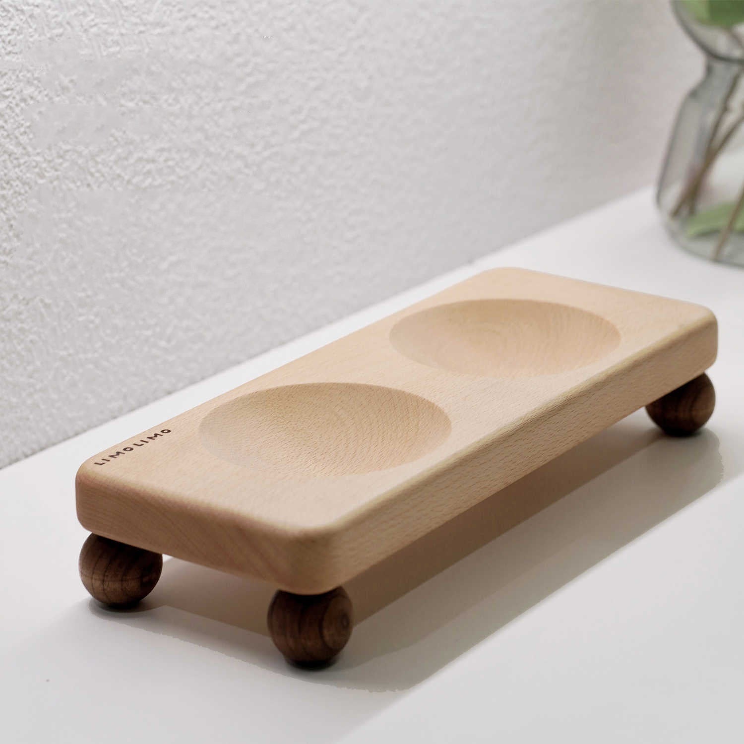 Solid Wood Ceramic Pet Feeding Bowl Set