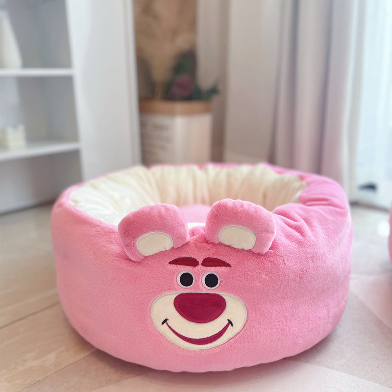 Pet Bed Cartoon Plush Round Cushion All Season Nest Bed