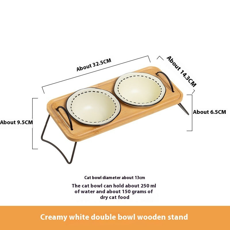 Pet Wooden Rack Ceramic Feeding Bowl Set Anti Tumble Oblique Design