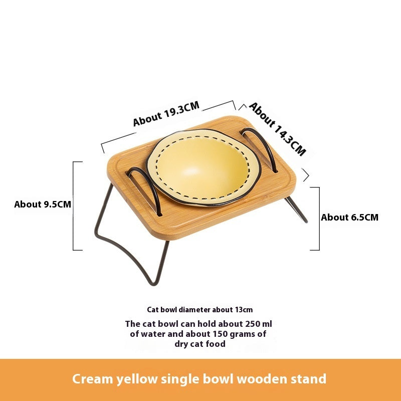 Pet Wooden Rack Ceramic Feeding Bowl Set Anti Tumble Oblique Design