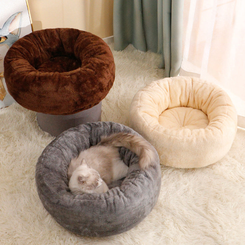 Pet Bed Donut Round Plush Fluffy Warm Cushion Mat