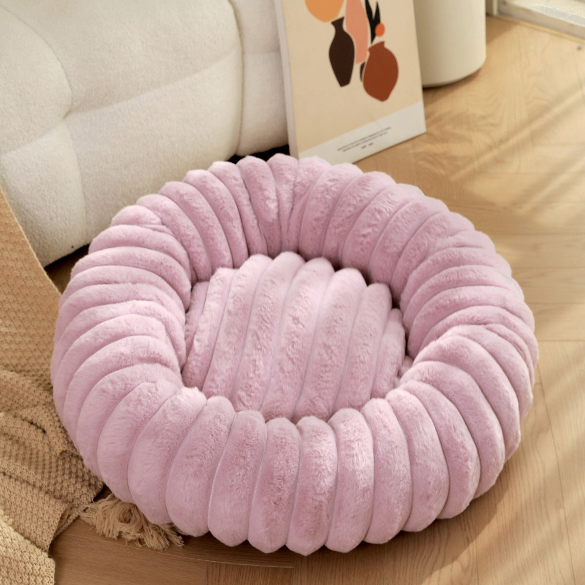 Pet Bed Round Plush Warm Long Hair Nest Winter Kennel