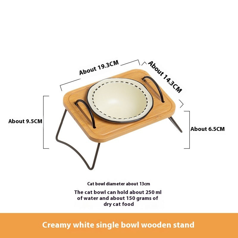 Pet Wooden Rack Ceramic Feeding Bowl Set Anti Tumble Oblique Design