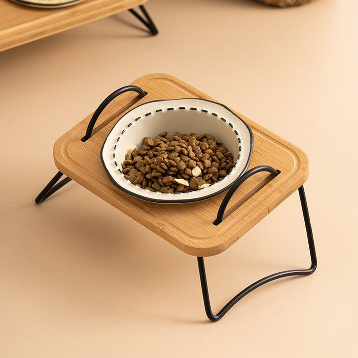 Pet Wooden Rack Ceramic Feeding Bowl Set Anti Tumble Oblique Design