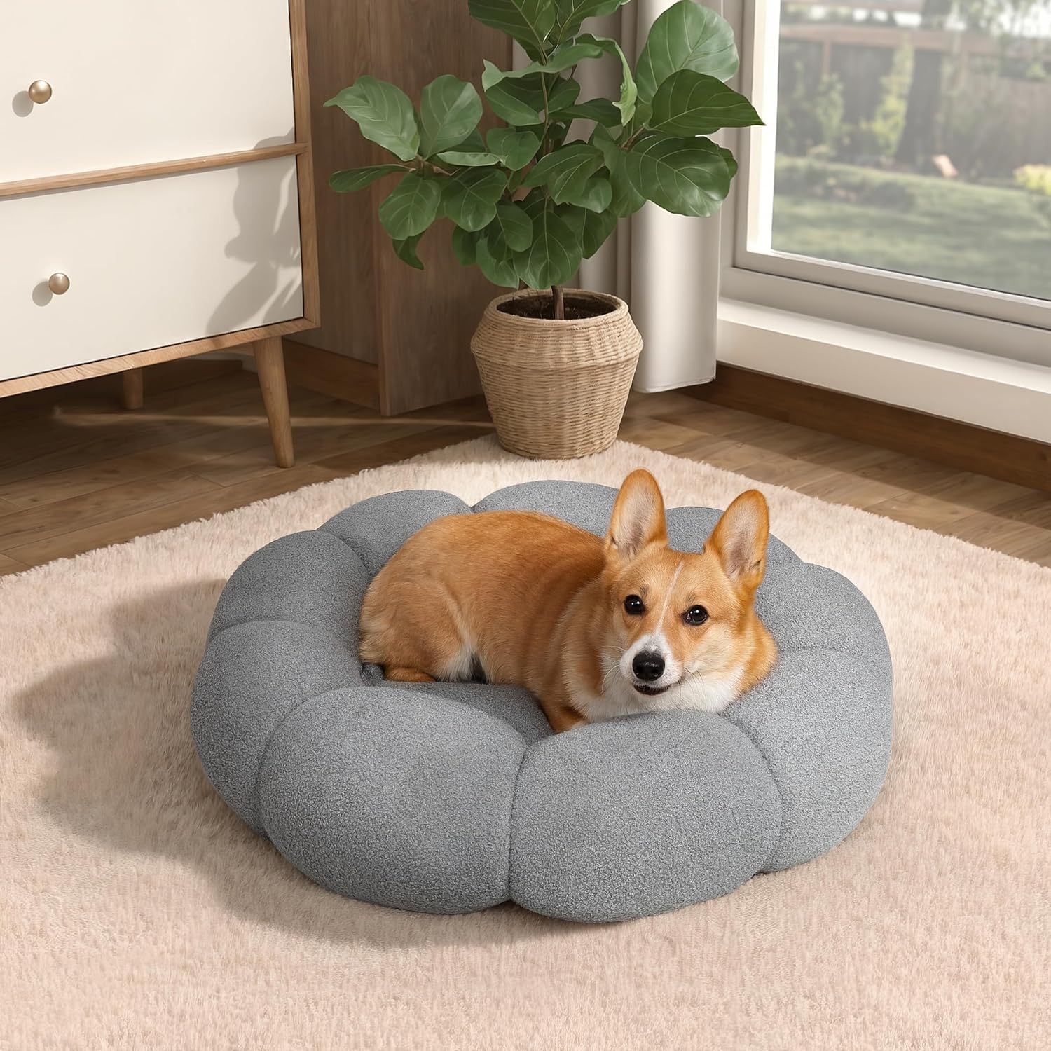 Pet Bed Calming Fluffy Round Donut Plush Washable Cushion