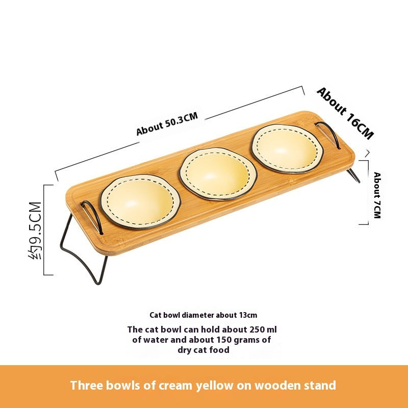 Pet Wooden Rack Ceramic Feeding Bowl Set Anti Tumble Oblique Design