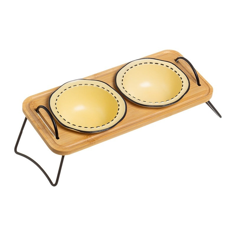 Pet Wooden Rack Ceramic Feeding Bowl Set Anti Tumble Oblique Design