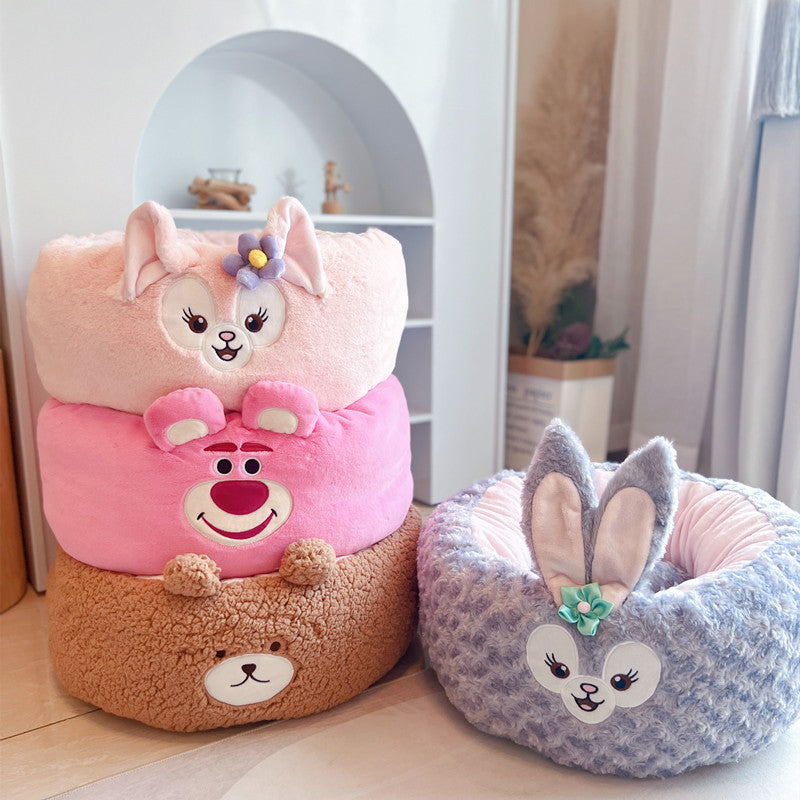 Pet Bed Cartoon Plush Round Cushion All Season Nest Bed