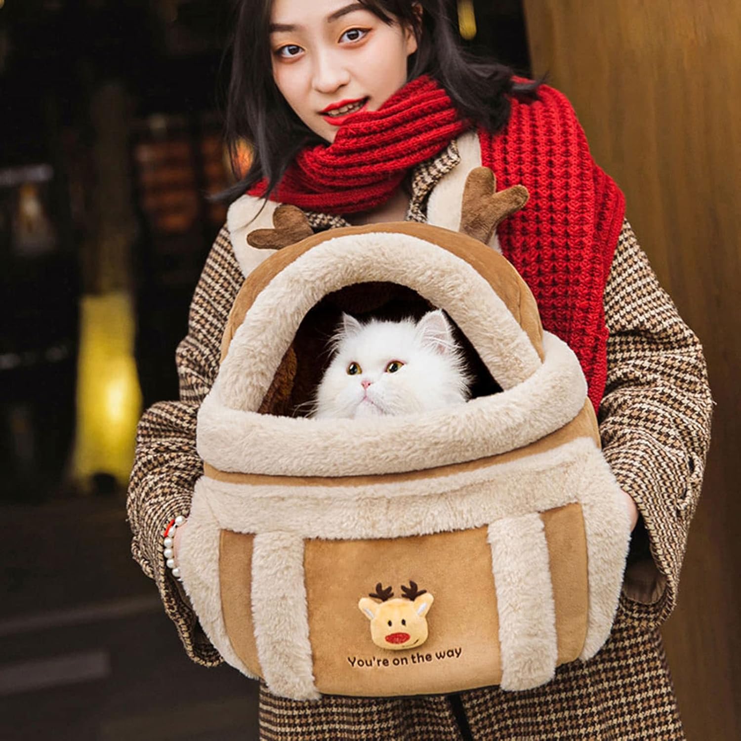 Pet Carrier Backpack Winter Plush Travel Outdoor Warm Bag
