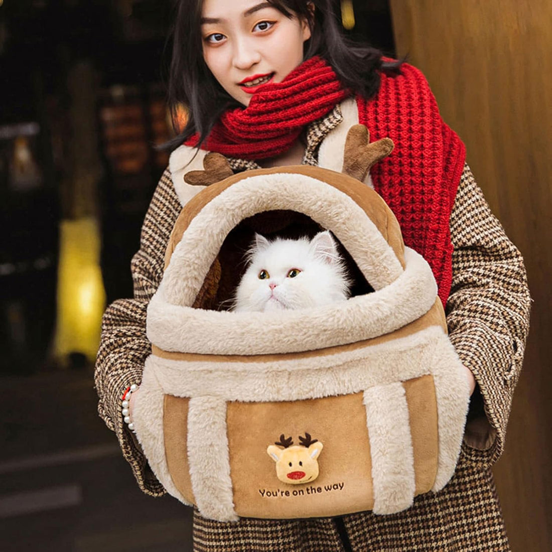 Pet Carrier Backpack Winter Plush Travel Outdoor Warm Bag