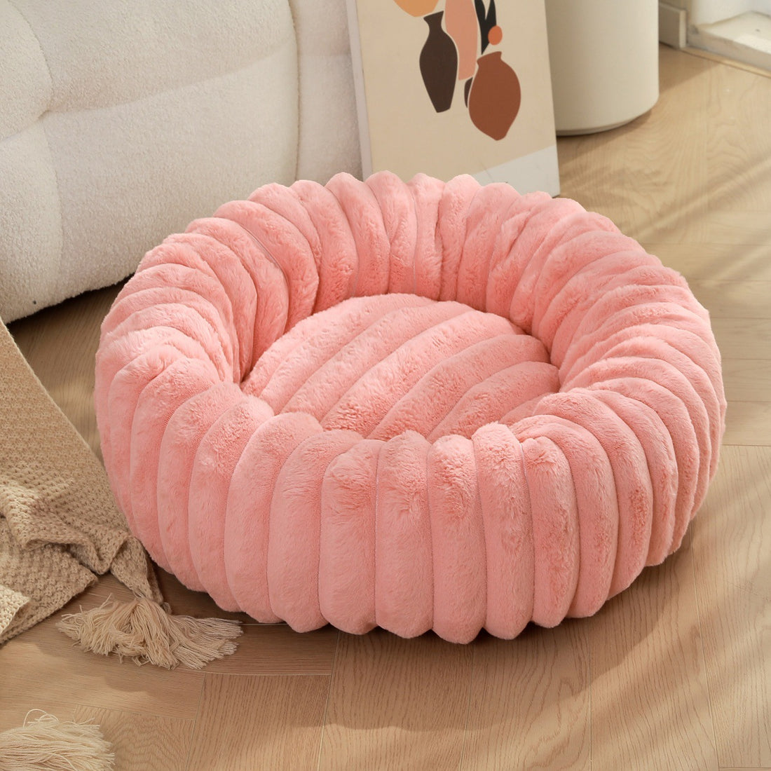 Pet Bed Round Plush Warm Long Hair Nest Winter Kennel