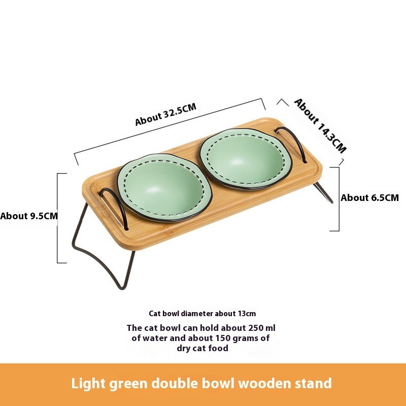 Pet Wooden Rack Ceramic Feeding Bowl Set Anti Tumble Oblique Design