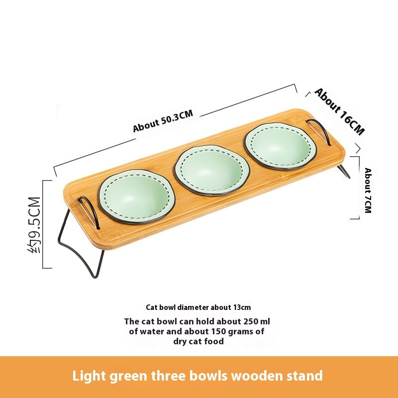 Pet Wooden Rack Ceramic Feeding Bowl Set Anti Tumble Oblique Design