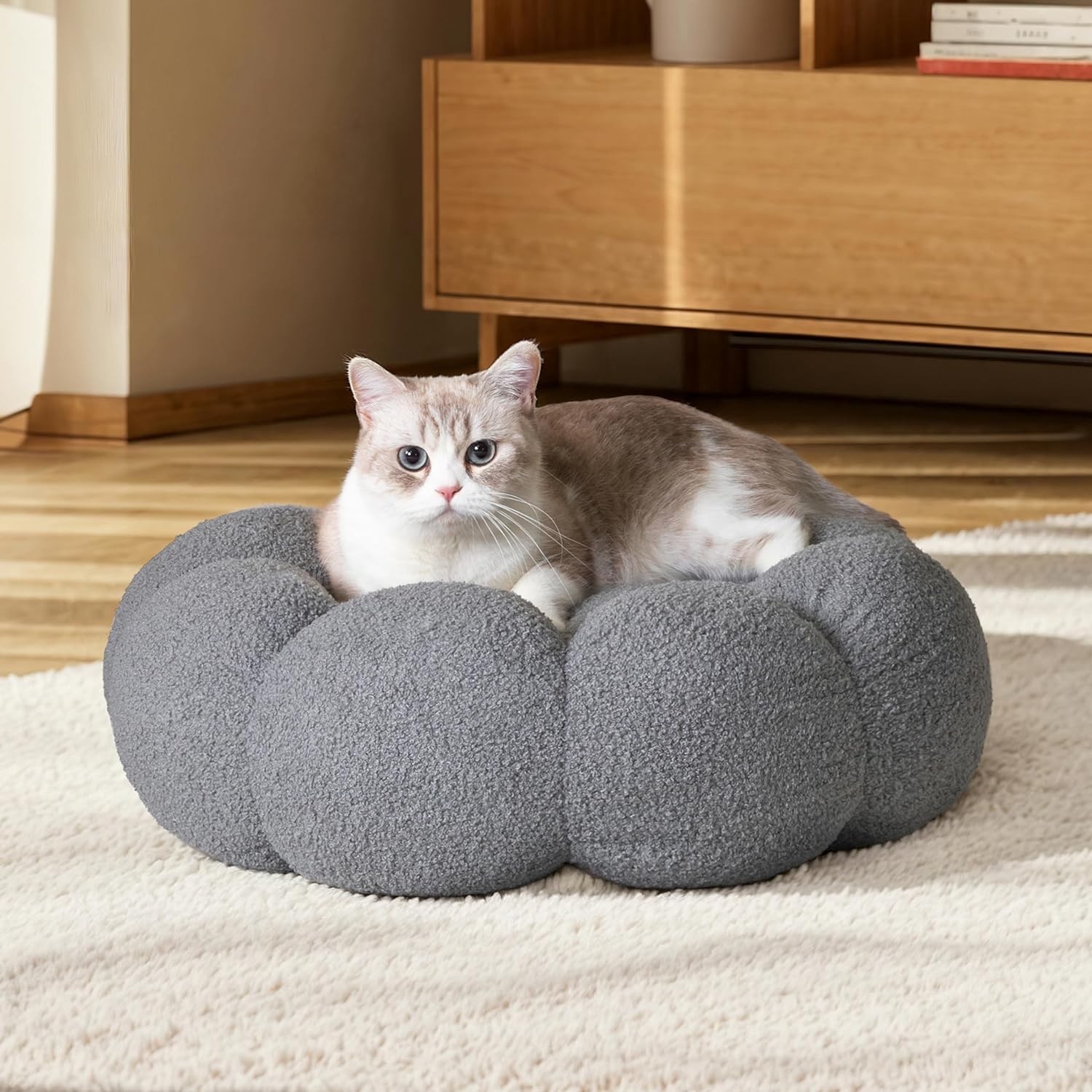 Pet Bed Calming Fluffy Round Donut Plush Washable Cushion