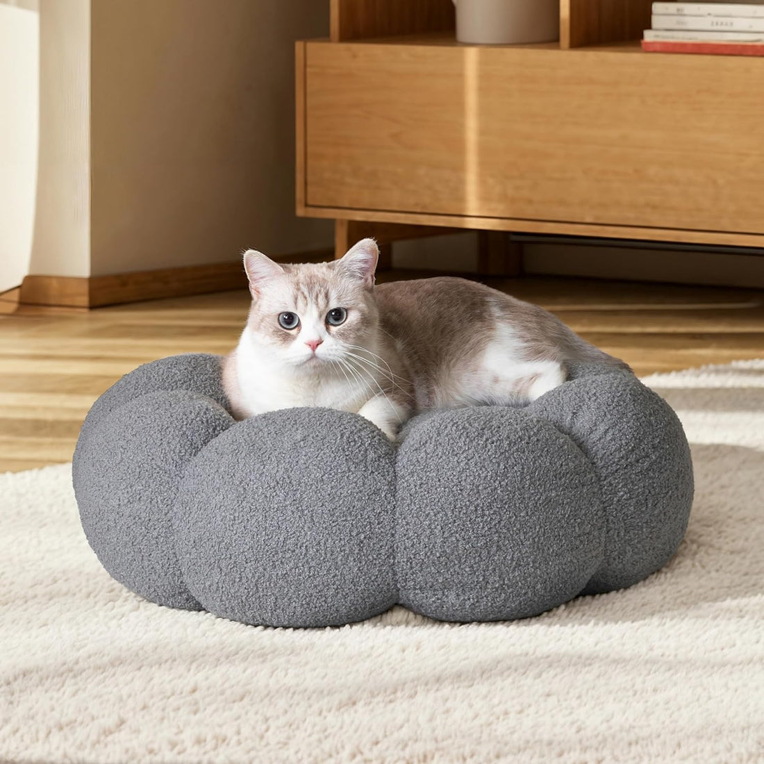 Pet Bed Calming Fluffy Round Donut Plush Washable Cushion